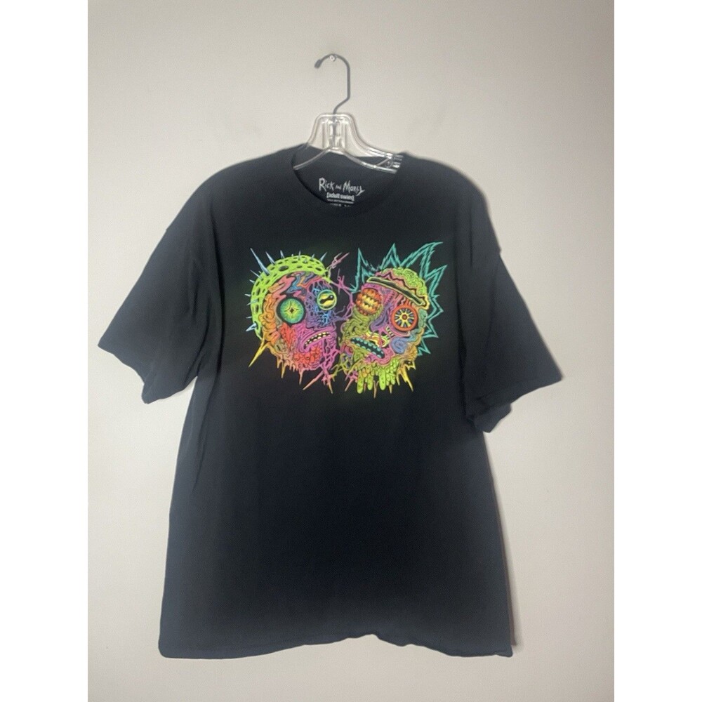 Rick & Morty T-Shirt Mens XL Black Graphic Psychedelic Skulls Neon Adult Swim